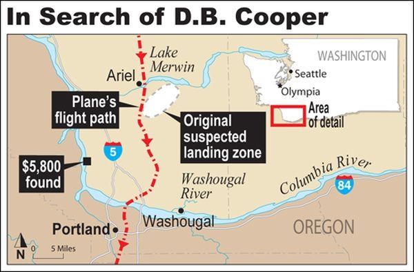 Map of the flight made by DB Cooper, of the place of the jump and of the area in which he was able to land