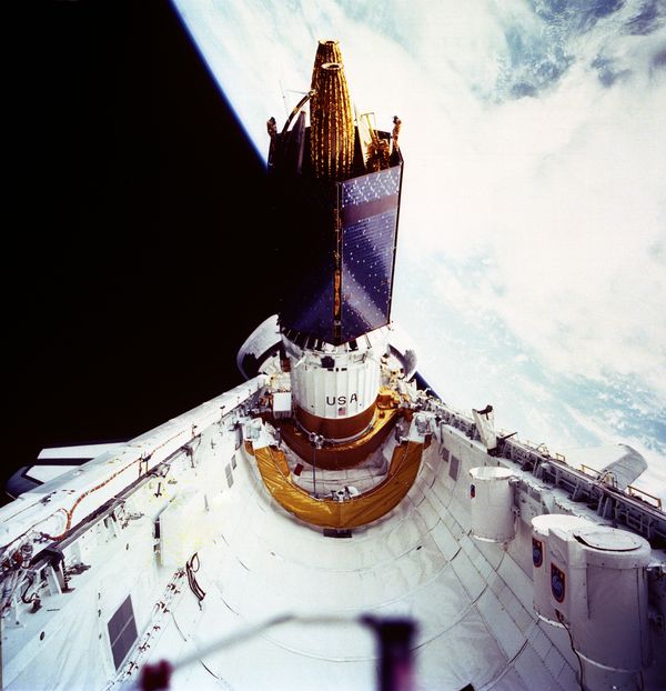 Deployment of the TDRS-E satellite during the STS-43 mission of the shuttle Atlantis.