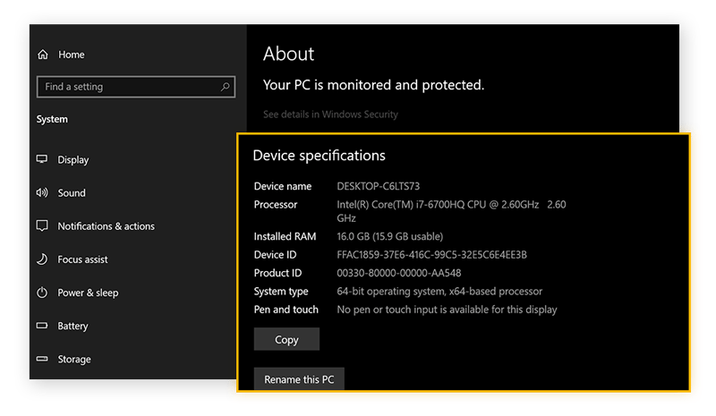 Viewing PC specifications in Windows 10