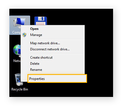 Opening the computer properties window in Windows 7