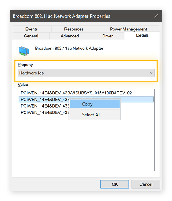 Viewing hardware information on the Details tab for a Broadcom network adapter in Windows 10